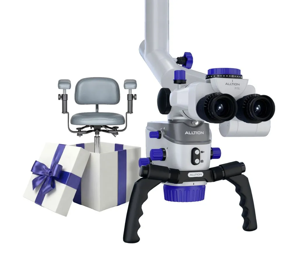 alltion am-5000vfr стоматологический микроскоп с вариоскопом, флуоресценцией и маятниковой системой fora (стул в подарок)